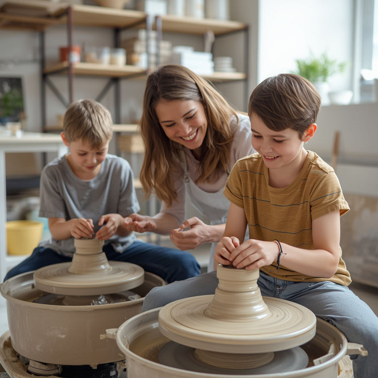 Mother doing pottery with sons on mother's day